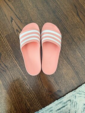 Adidas Pink Slide Sandals with White Stripes